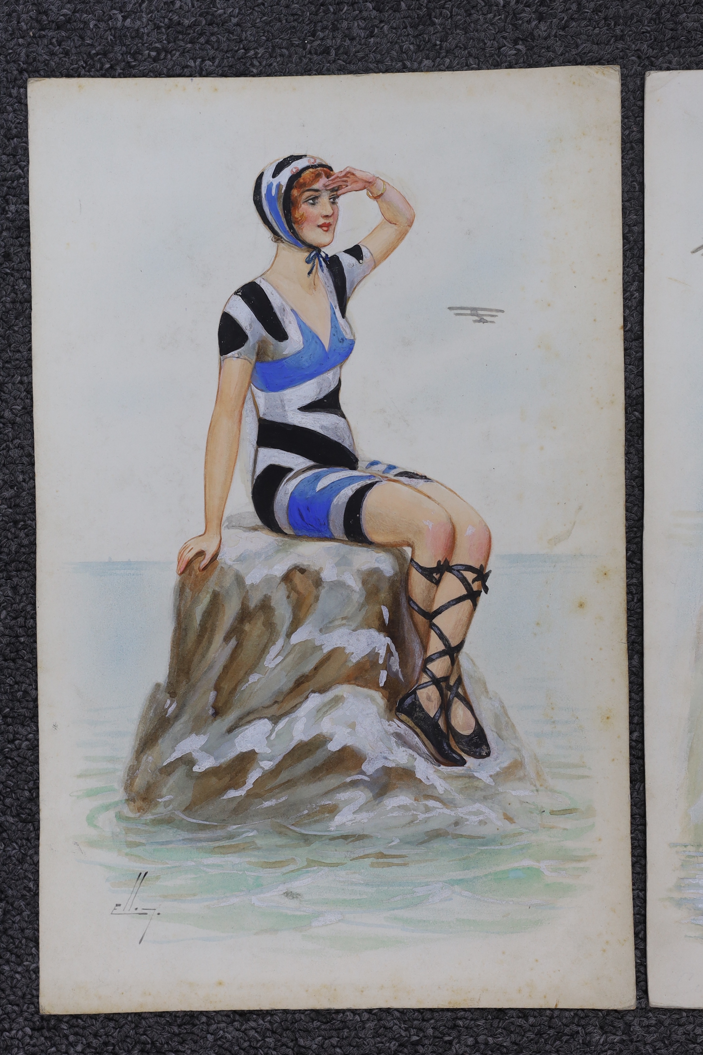 William Henry Ellam (1858-1935), pair of Art Deco heightened watercolours on card, Bathing Girls, original postcard designs, signed, 28 x 18cm, unframed